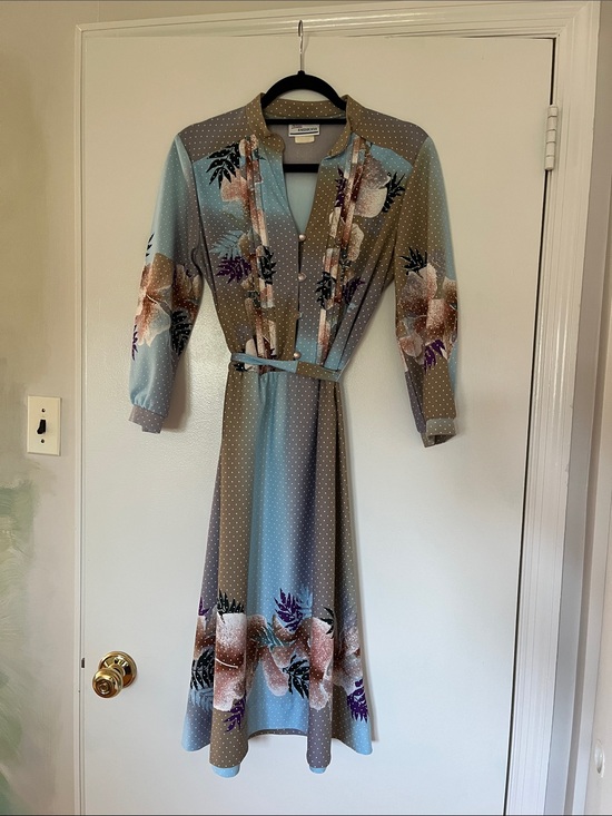 Vintage Dresses & Skirts - Vintage Light Blue and Taupe Floral Polka Dot Midi Dress